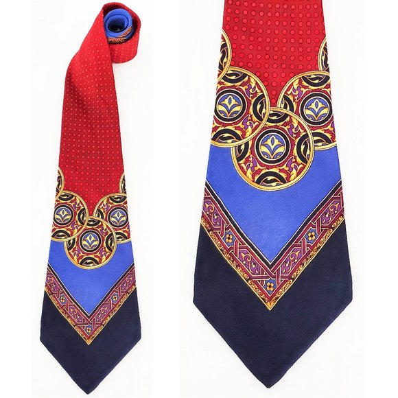 Gianni Versace Mens Vintage 1990's Red/Blue Silk Scarf Print Necktie Tie - Picture 1 of 8